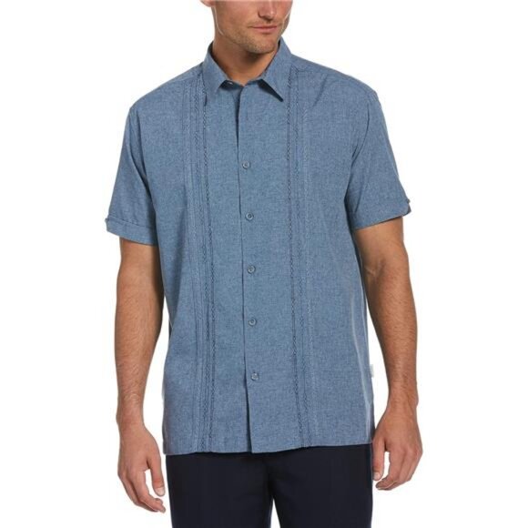 Men's Embroidered Chambray Short Sleeve Button-Down Shirt, Wrinkle - Picture 1 of 4